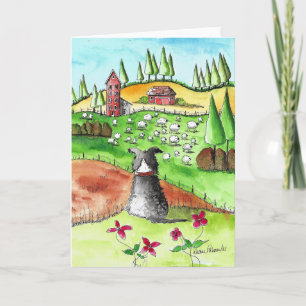 Border Collie and Sheep, Wassercolor Folk Card Karte