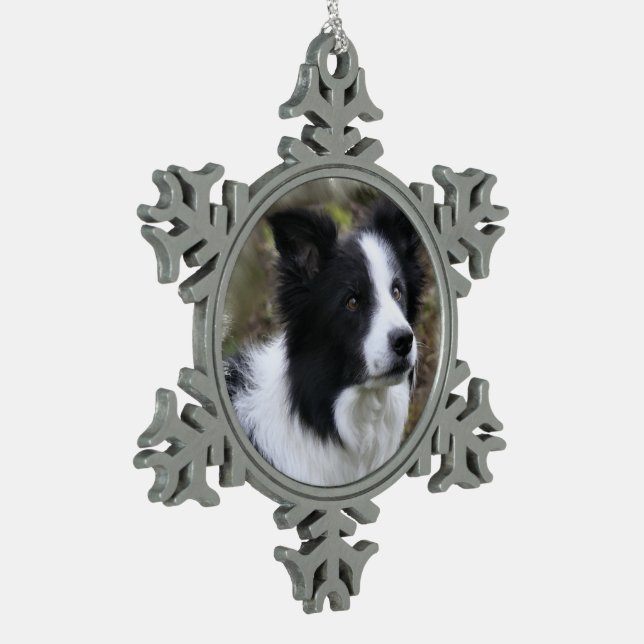Border Collie Art Schneeflocken Zinn-Ornament (Links)
