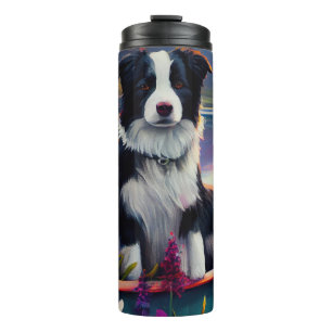 Border Collie auf einem Paddel: Ein landschaftlich Thermosbecher