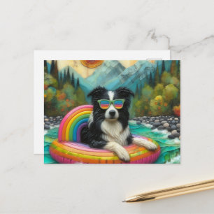 Border Collie auf einem Regenbogen-Farb-Floß Postkarte