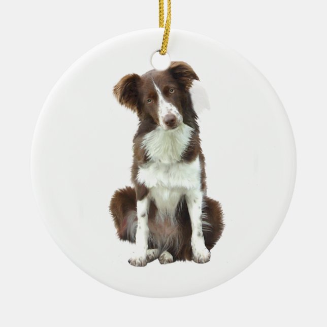 Border Collie (B) - braun und weiß Keramikornament (Vorne)