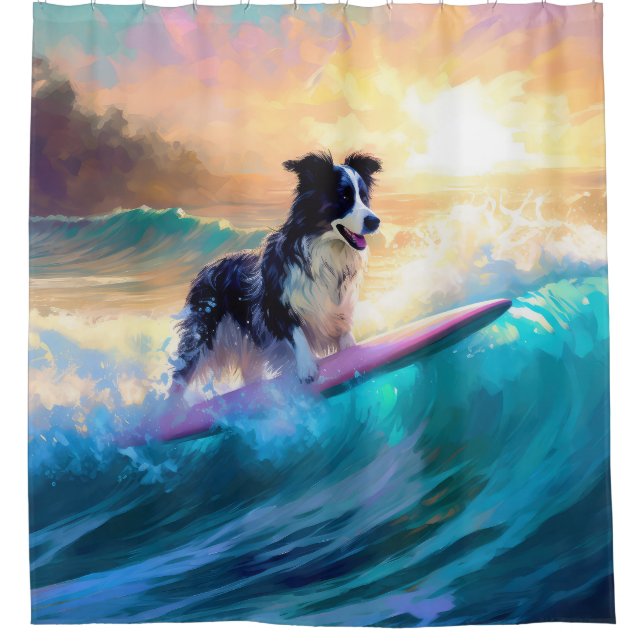 Border Collie Beach Surf Malerei Duschvorhang (Vorderseite)