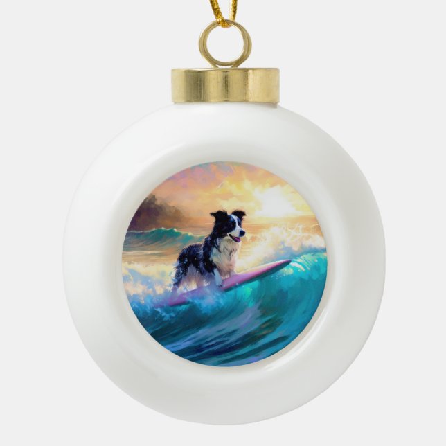 Border Collie Beach Surf Malerei Keramik Kugel-Ornament (Vorderseite)