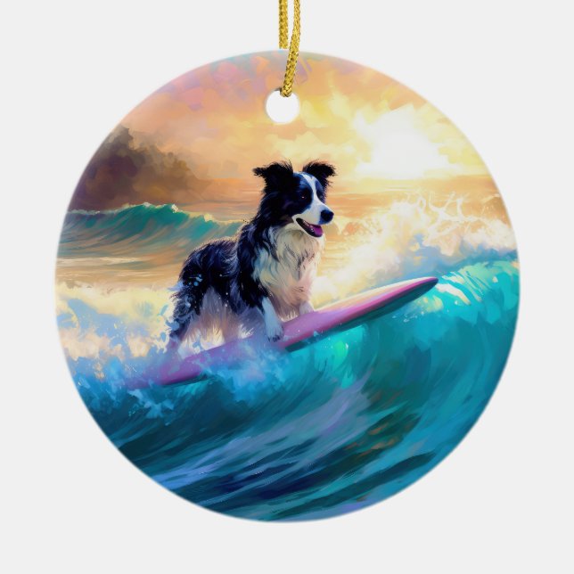Border Collie Beach Surf Malerei Keramik Ornament (Vorne)