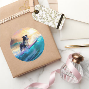 Border Collie Beach Surf Malerei Runder Aufkleber