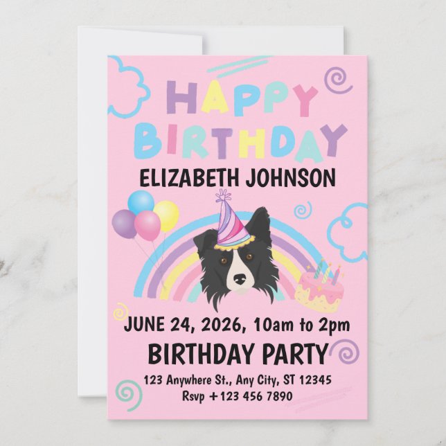 Border Collie Birthday Invitation in Pink Einladung (Vorderseite)