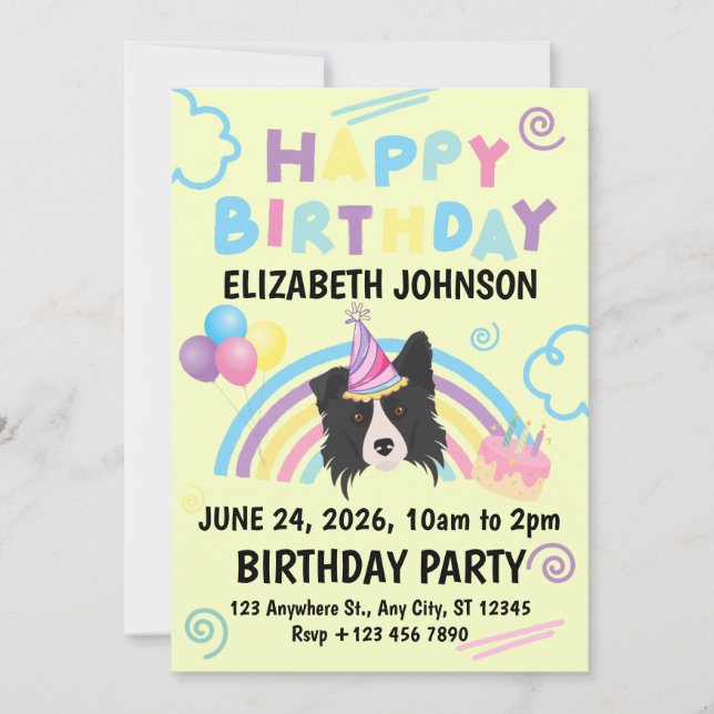 Border Collie Birthday Invitation in Yellow Einladung (Vorderseite)