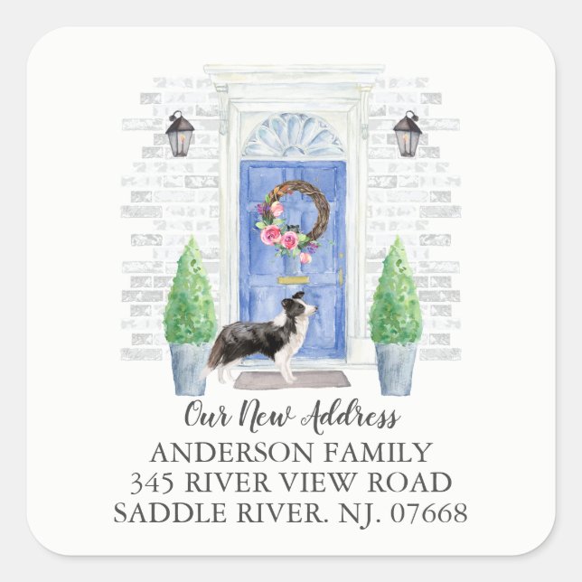 Border Collie Blue Dose New Address Label Aufklebe Quadratischer Aufkleber (Vorderseite)