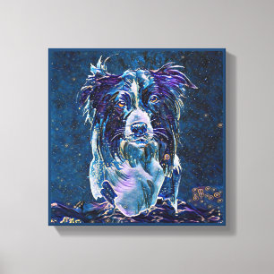 Border Collie Blue Starry Night Painting Style Leinwanddruck