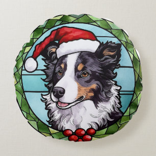 Border Collie Buntglas Weihnachten Rundes Kissen