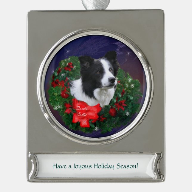 Border Collie Christmas Banner-Ornament Silber (Vorderseite)