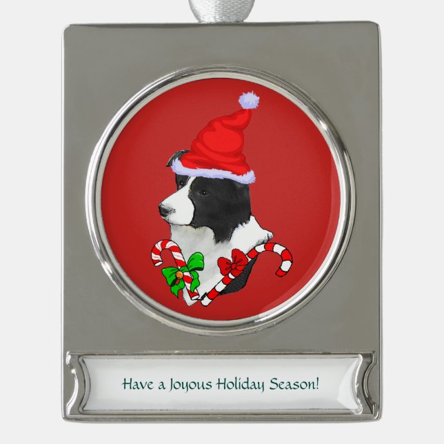 Border Collie Christmas Banner-Ornament Silber (Vorderseite)
