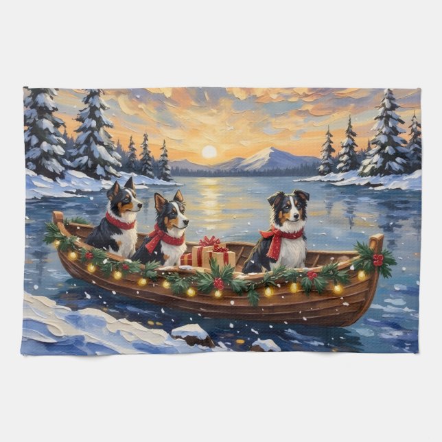 Border Collie Christmas Boat Holiday Geschirrtuch (Horizontal)