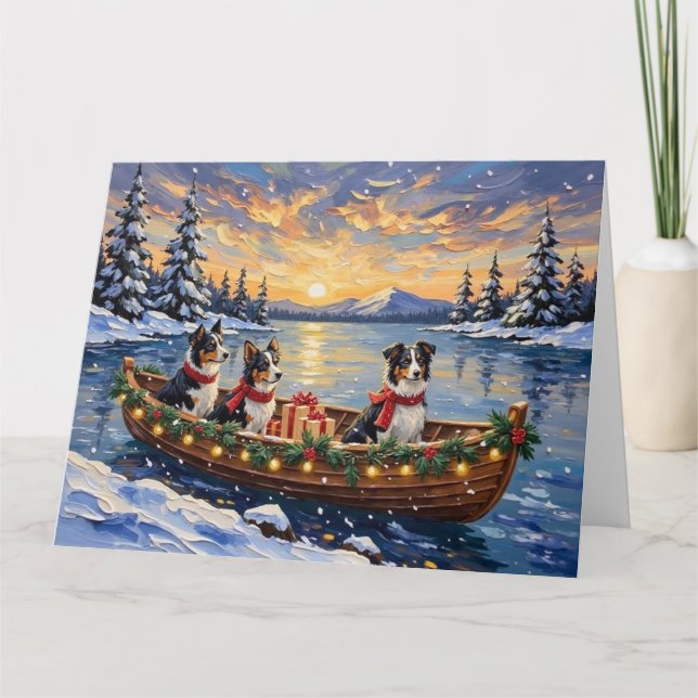 Border Collie Christmas Boat Holiday Karte (Vorderseite)