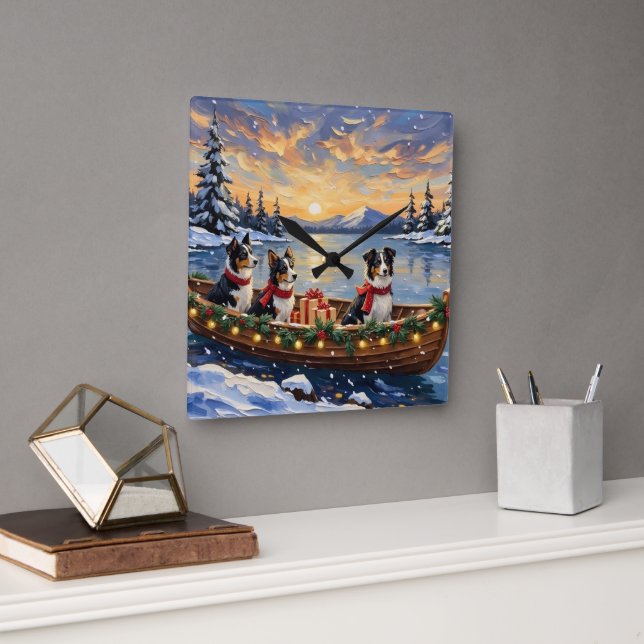 Border Collie Christmas Boat Holiday Quadratische Wanduhr (Büro)