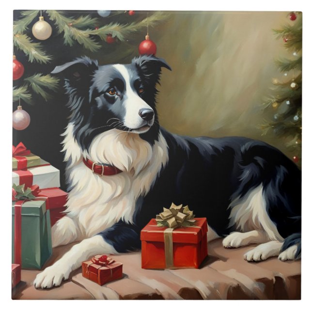 Border Collie Christmas Fliese (Vorderseite)