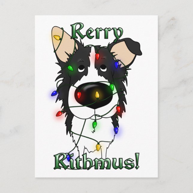 Border Collie Christmas Lights Feiertagspostkarte (Vorderseite)