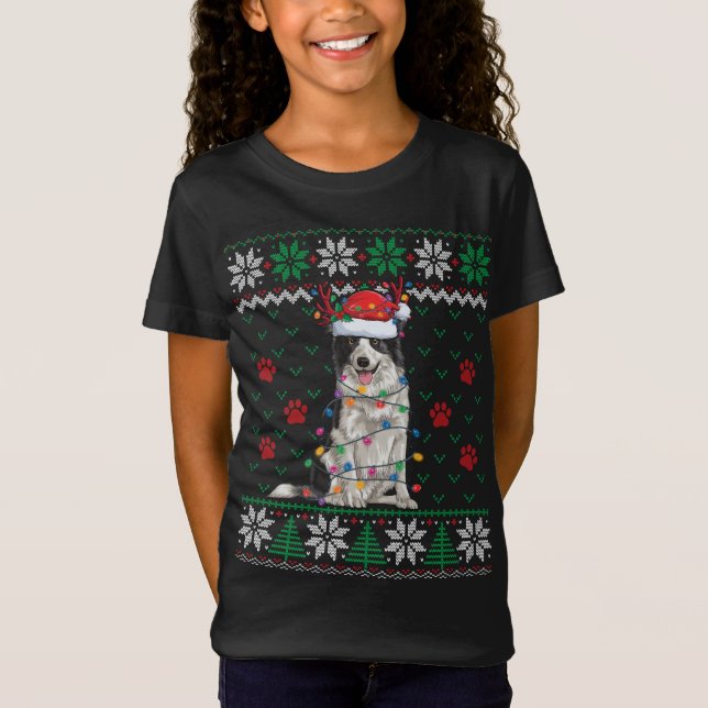 Border Collie Christmas Lights Santa Reindeer Ugly T-Shirt (Vorderseite)
