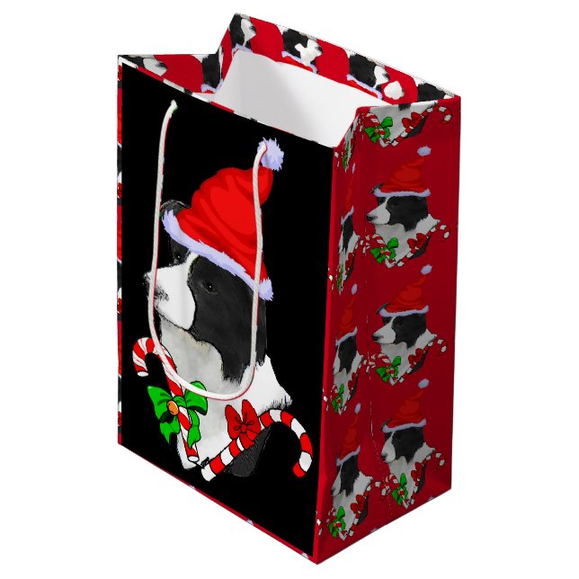 Border Collie Christmas Mittlere Geschenktüte (Vorderseite Schrägansicht)