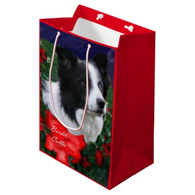 Border Collie Christmas Mittlere Geschenktüte (Vorderseite Schrägansicht)