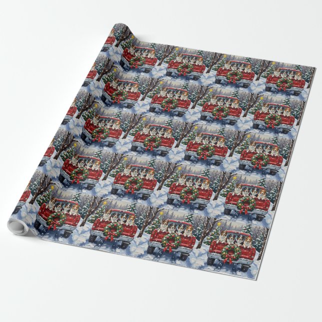 Border Collie Christmas Red Truck Holiday Geschenkpapier (Ungerollt)