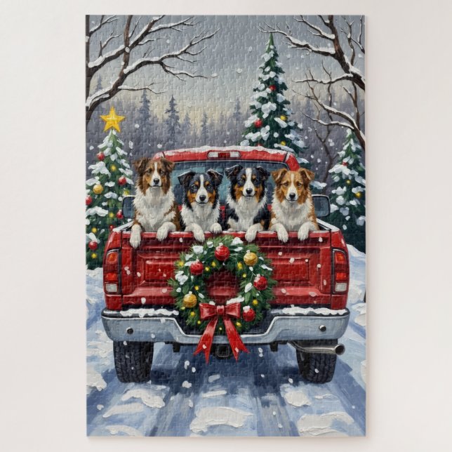 Border Collie Christmas Red Truck Holiday Puzzle (Vertikal)