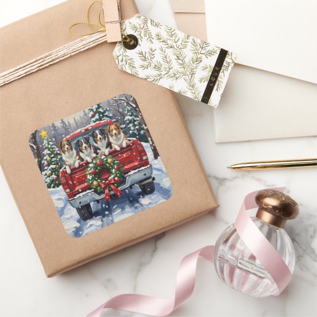 Border Collie Christmas Red Truck Holiday Quadratischer Aufkleber (Schenken)