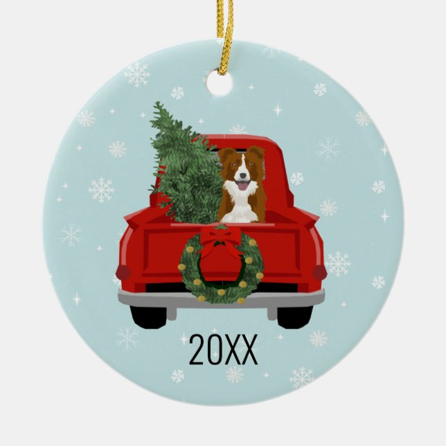 Border Collie Christmas Red Truck Keramik Ornament (Vorne)