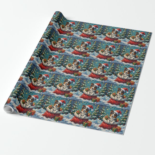 Border Collie Christmas Santa Bag Adventure Geschenkpapier (Ungerollt)