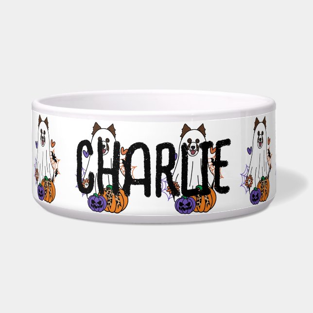 Border Collie Dark Brown Halloween Ghost Dog Napf (Vorderseite)
