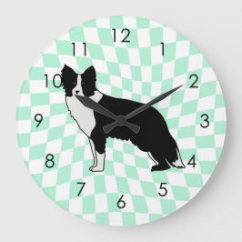 Border Collie Dog Abstract Illustration Checkered Große Wanduhr