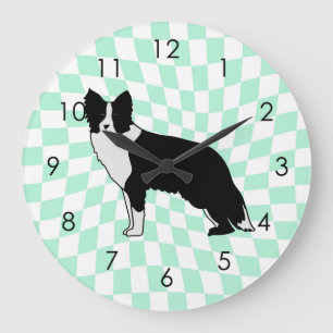 Border Collie Dog Abstract Illustration Checkered Große Wanduhr