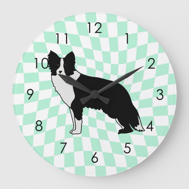 Border Collie Dog Abstract Illustration Checkered Große Wanduhr (Vorderseite)