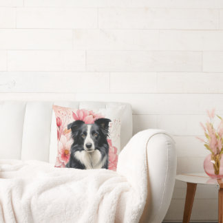 Border Collie Dog and Bold Pink Lilies Kissen