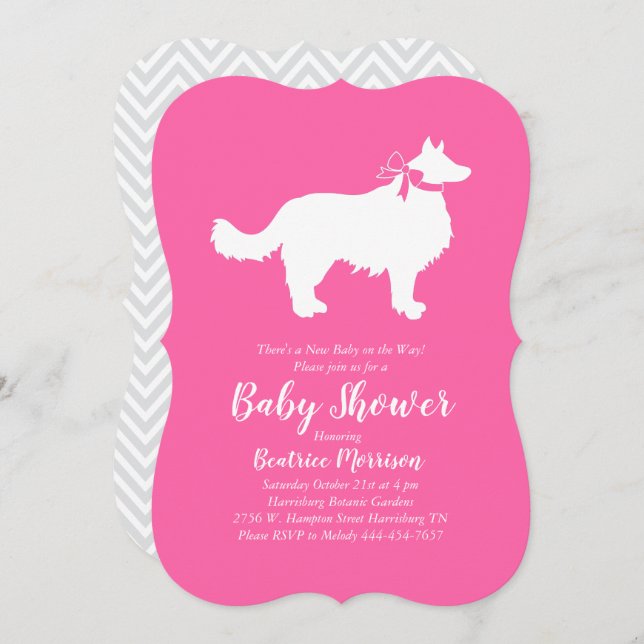 Border Collie Dog Baby Dusche Pink Girl Einladung (Vorne/Hinten)