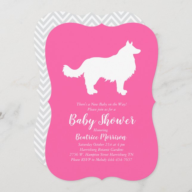 Border Collie Dog Baby Dusche Pink Girl Einladung (Vorne/Hinten)