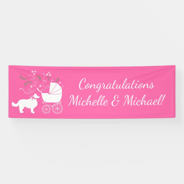 Border Collie Dog Baby Dusche Puppy Pink Girl Banner (Horizontal)