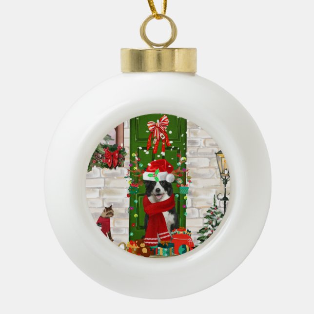 Border Collie Dog Christmas    Keramik Kugel-Ornament (Vorderseite)