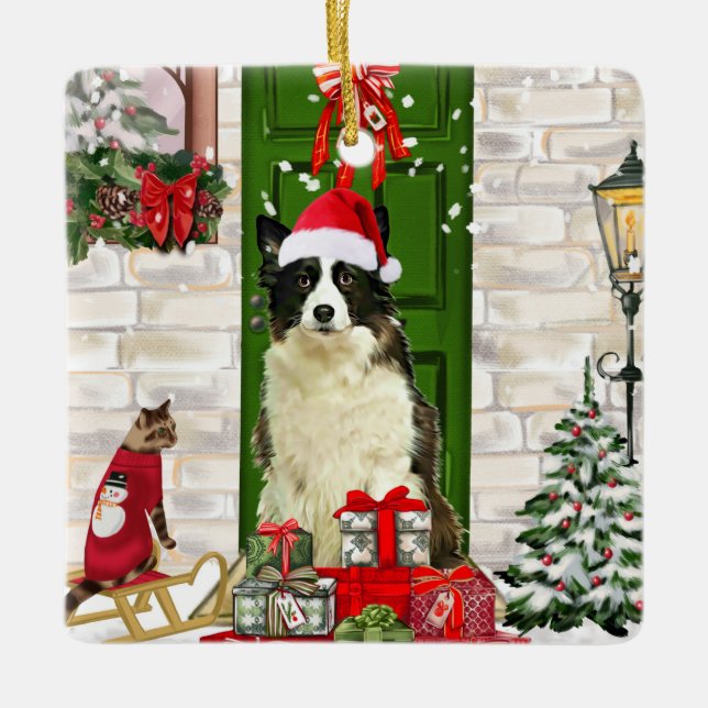 Border Collie Dog Christmas Keramikornament (Vorderseite)