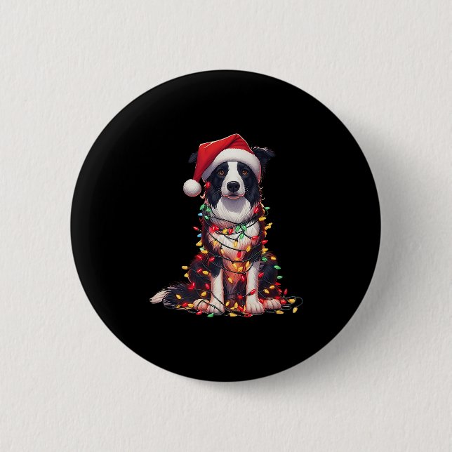 Border Collie Dog Christmas Lights Santa Hat Dog L Button (Vorderseite)