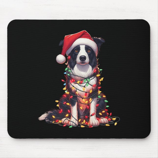 Border Collie Dog Christmas Lights Santa Hat Dog L Mousepad (Vorne)