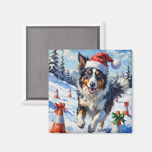 Border Collie Dog Christmas Snow Agility Fun Magnet (Vorderseite/Rückseite)
