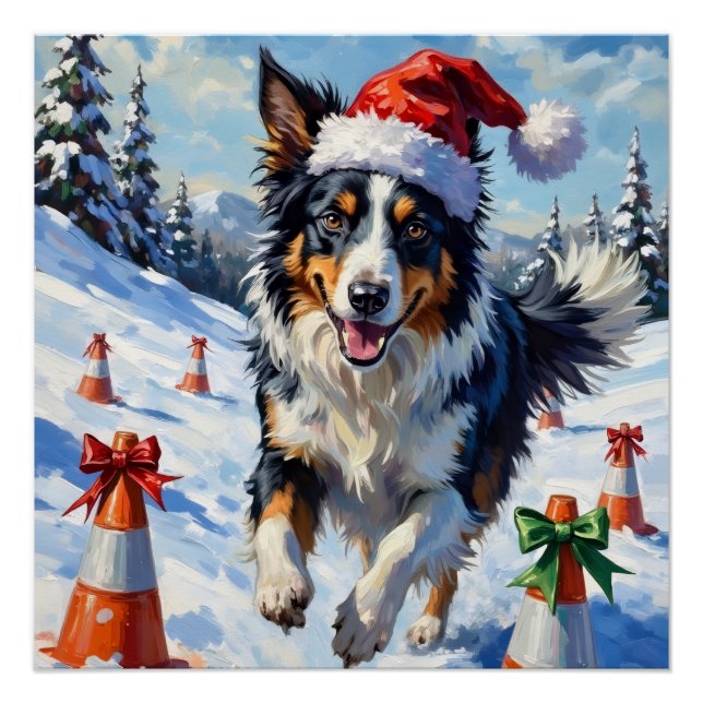 Border Collie Dog Christmas Snow Agility Fun Poster (Vorderseite)