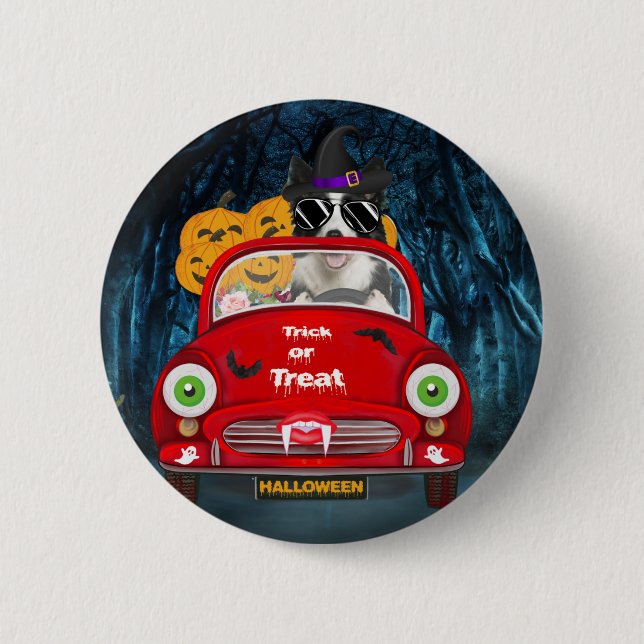 Border Collie Dog Driving Car Beängstigend Hallowe Button (Vorderseite)