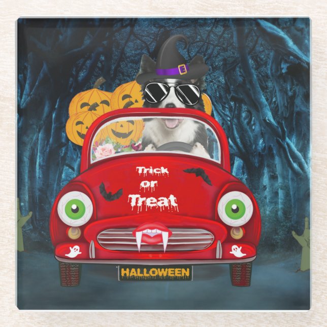 Border Collie Dog Driving Car Beängstigend Hallowe Glasuntersetzer (Vorderseite)