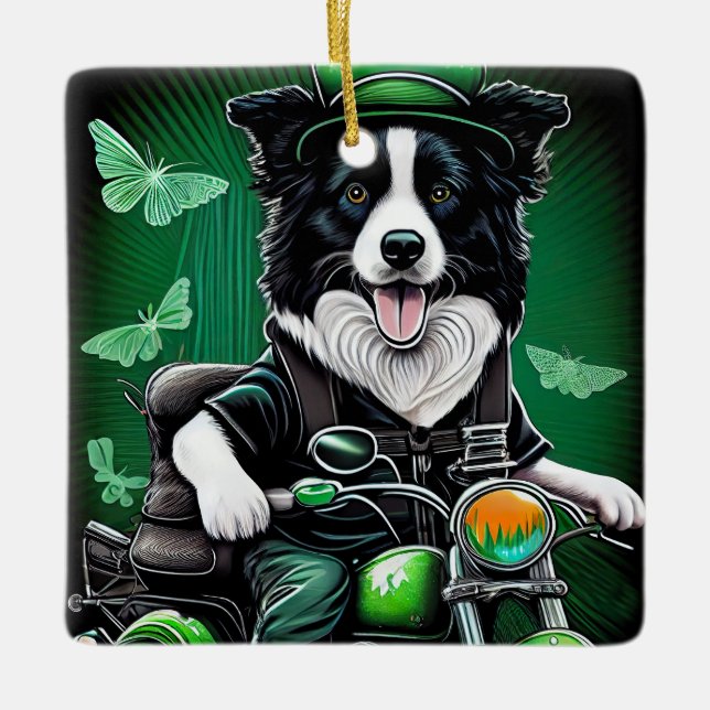Border Collie Dog Fahrrad St. Patrick's Day Keramikornament (Vorderseite)