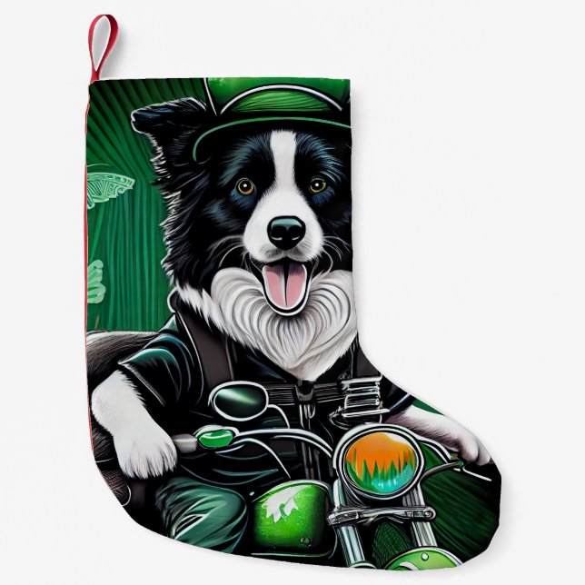 Border Collie Dog Fahrrad St. Patrick's Day Kleiner Weihnachtsstrumpf (Vorderseite)