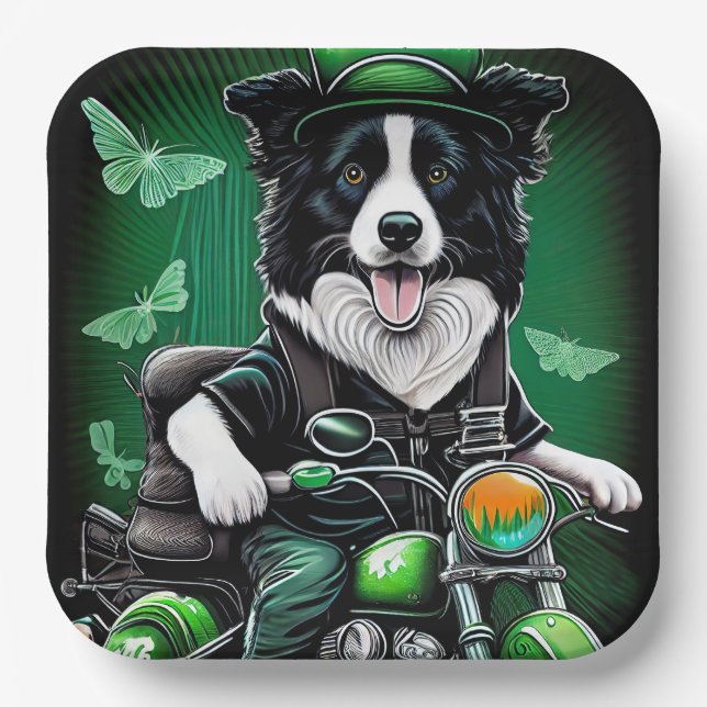 Border Collie Dog Fahrrad St. Patrick's Day Pappteller (Vorderseite)