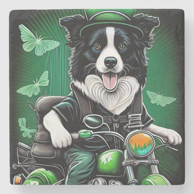 Border Collie Dog Fahrrad St. Patrick's Day Steinuntersetzer (Vorderseite)