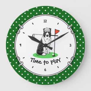 Border Collie Dog Golf spielen (schwarz & weiß) Sp Große Wanduhr